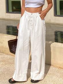 Livesso Women's Loose Casual Solid Color Denim Jeans, Spring New Arrival - White - View 3