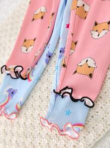 Baby Girls 4 Pieces Set Cute Koala, Fox, Rainbow Print Ruffled Collar Short Sleeve Top And Pants Casual Comfortable Pajamas