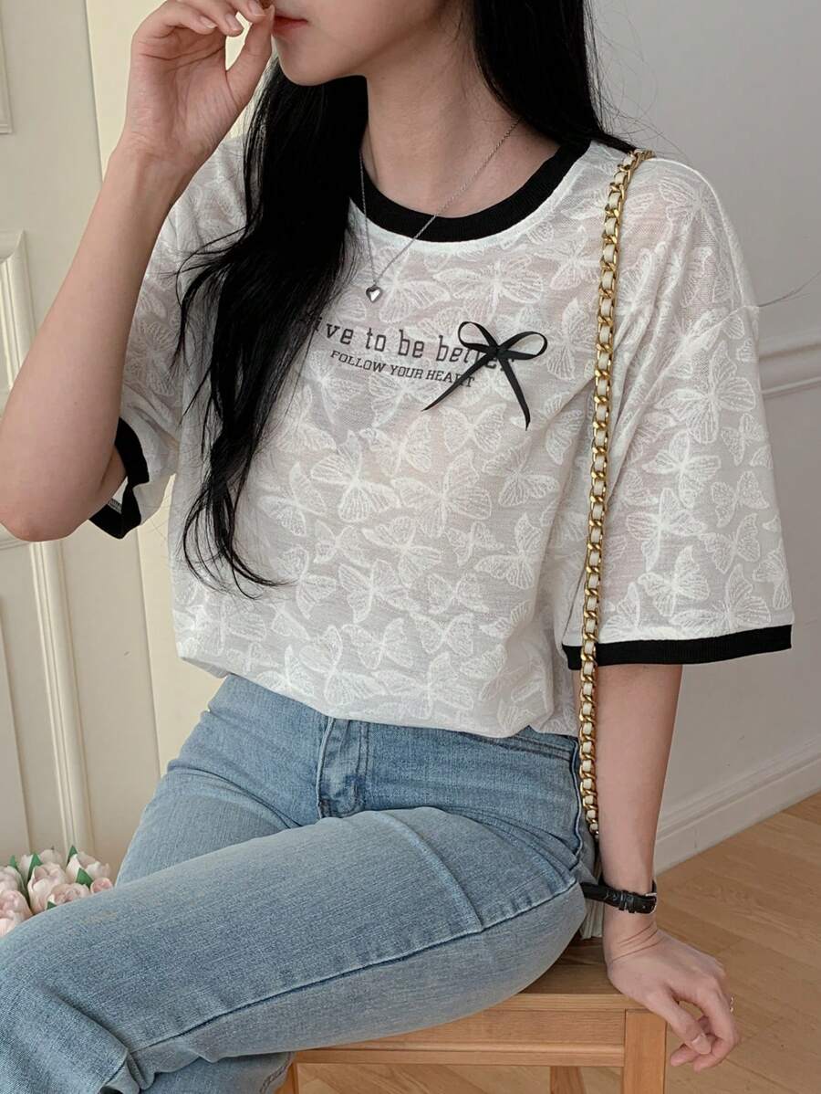 DAZY Nueva camisa de mujer holgada y casual de primavera con estampado de letras y decoración de lazo - Blanco - Ver 1