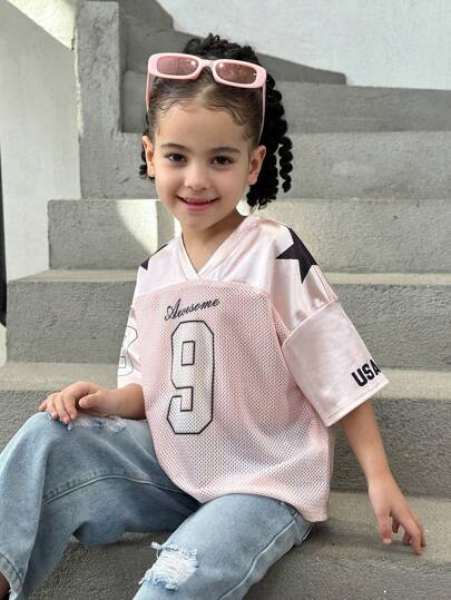 Numeric Pattern Round Neck Loose Casual T-Shirt For Young Girls