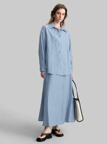 Ontre 2 件女式条纹长袖纽扣衬衫和中长裙休闲套装