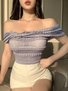 DAZY Camiseta de verano nueva de mujer con hombros descubiertos, texturizada y ajustada