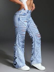 SHEIN ICON Women's Casual Washed Distressed Straight Leg Jeans - Blue - View 3