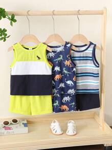 6 件套男婴夏季休闲度假可爱卡通条纹印花背心和短裤基本款多件套背心套装 - 彩色 - 查看 5