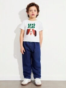 SHEIN Young Boys Dog Print Oversized Crew Neck Short Sleeve T-Shirt And Blue Denim Pants Set - White - View 3