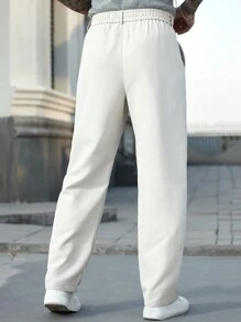 Manfinity CasualCool 新款日本风格宽松直筒裤，松紧腰，休闲时尚，白色男士裤子 - 米色 - 查看 2