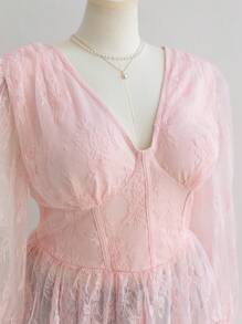 Soleia Plus Size Women Vacation Autumn/Winter Valentine's Day Pink Lace V-Neck Flare Sleeve Asymmetrical Hem Blouse/Shirt - Pink - View 6