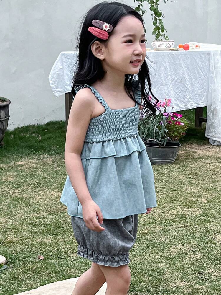 2pcs Young Girl Casual Fashion Simple Solid Color Camisole Top And Shorts Set,Girls Summer Outfits