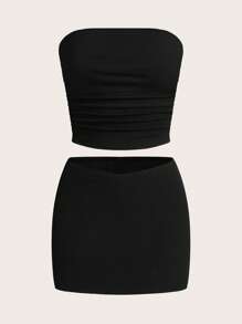SHEIN EZwear 2 pièces Femmes Décontracté Sexy Ensemble Top Bandeau Froncé Et Mini-Jupe à Taille Basse Col V