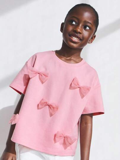 SHEIN Leap Crew 年轻女孩蝴蝶结装饰圆领短袖休闲 T 恤