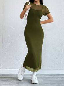 SHEIN EZwear Women Solid Color Round Neck Short Sleeve Mesh Splicing Slim Fit Casual Long Dress - Olive Green - View 1