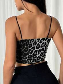 Comfortcana 豹纹印花加垫吊带背心，短款和修身款 - 灰色 - 查看 2