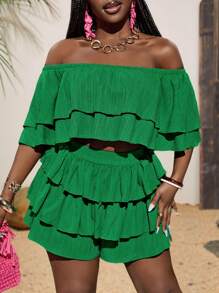 Slaydiva Women's Green Summer Boho Beach Holiday Two-Piece Set,Off Shoulder Double-Layered Ruffle Cropped Top&Multi-Layered Cake Skirt Mini Shorts Woven Outfit - Green - View 1