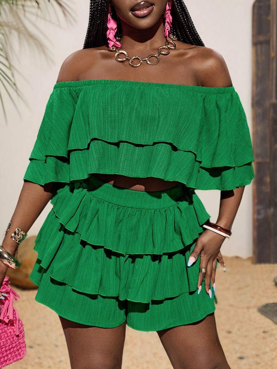 Slaydiva Women's Green Summer Boho Beach Holiday Two-Piece Set,Off Shoulder Double-Layered Ruffle Cropped Top&Multi-Layered Cake Skirt Mini Shorts Woven Outfit - Green - View 1
