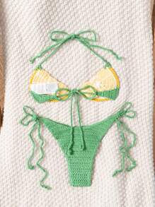 Swim Mod Simple Lemon Crochet Bikini Set Top & Bottom , Fashionable Casual Everyday Wear, Summer Beach Vacation - Green - View 2