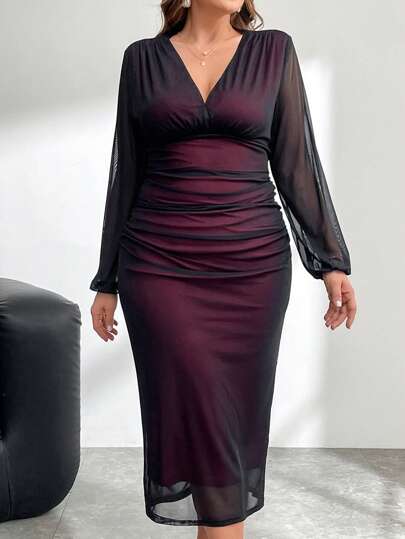 SHEIN Privé 深 V 腰褶皱修身长袖长裙，春季新款设计，优雅通勤，知识渊博的高端派对，精致的下午茶，浪漫约会，音乐会，蕾丝拼布面料