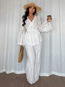 Rafferiza 优雅浪漫羽毛装饰透视长袖和裤子两件套 - 白色 - 查看 6