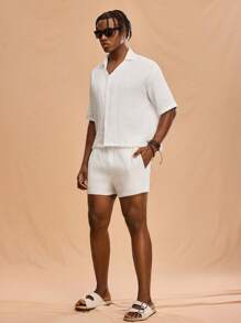 Forever 21 Herren Einfarbiges Kurzarm Hemd und Shorts Set - Weiss - Übersicht 4