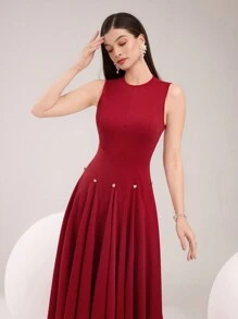 Modelyn Women's Solid Color Round Neck Sleeveless Elegant Arabic Style Dress  Summer Outfits For Women   Wedding Guest Dress Women   Airport Outfit For Women   Graduation Dress  Red Dress - Burgundy - View 6