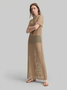 Ontre Women's Crochet Long Dress, Short Sleeve, Beach Style, Oversized Bohemian, Round Neck, Brown Knitted Long Dress, Spring Outfit
