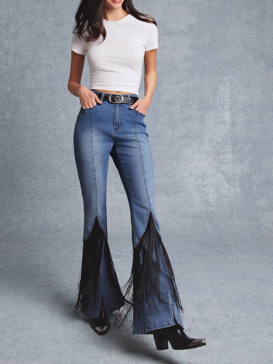 WESTFADE High Rise Seamed Fitted Flare Leg Western Fringe Trim Denim Jeans Nashville Style Outfits - Medium Wash - View 1