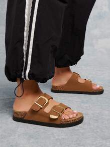 SHUZIA 女士双西式扣饰软木鞋床绒面革棕褐色拖鞋凉鞋 - 时尚、舒适的春季鞋 - 紫紅色 - 查看 3