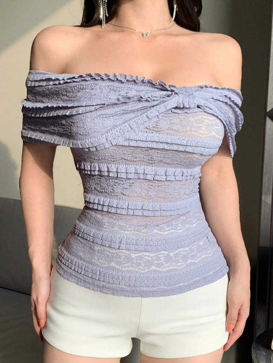 DAZY Summer New Off Shoulder Textured Fitted Tee For Women - Blue - View 1