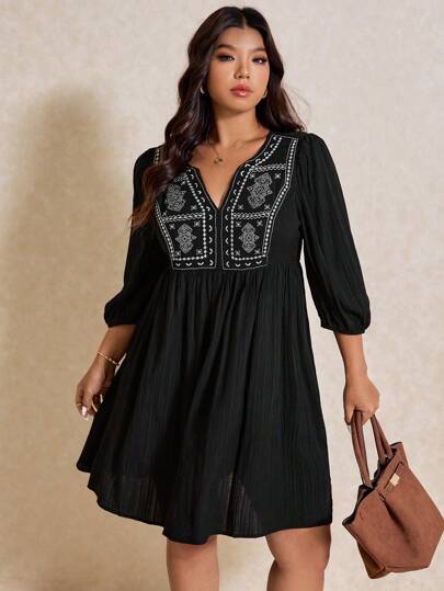 Elaquor 大码女式花卉印花 V 领灯笼袖休闲连衣裙