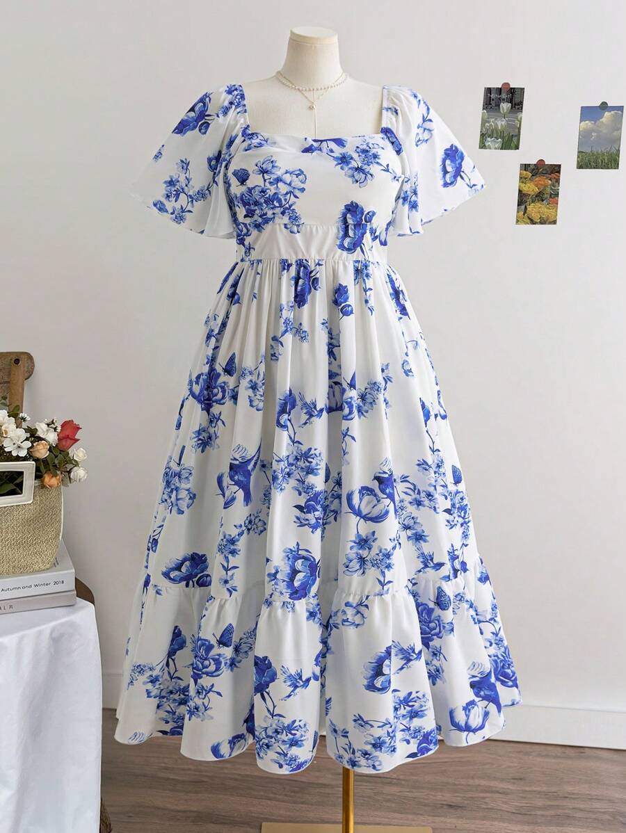 SHEIN WYWH Plus Size Women Floral & Animal Print Ruffle Sleeve Elastic Waist Casual Dress, Vintage Style, Suitable For Summer Vacation, Back To School, Lunch, Casual Occasions, Bachelorette