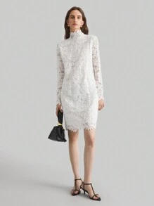 Ontre Women 90s Style White Lace Collar Long Sleeve Minimalist Cropped Mini Dress - White - View 3