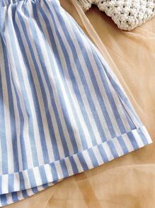 Soleia Set de 2 piezas para mujer: Top de tirantes con giro en la parte delantera y pantalones cortos a rayas de talle alto, adecuado para festival de música, estilo bohemio, vacaciones, citas, tarde de té. - Azul y blanco - Ver 4
