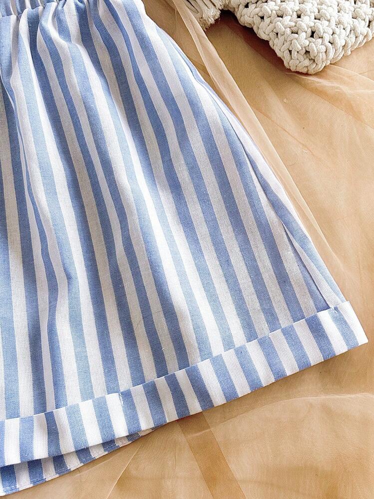 Soleia 2pcs/Set Women Vacation Strappy Twist Front Tank Top & High Waist Striped Shorts, Suitable For Music Festival, Bohemian, Holiday Date, Afternoon Tea - Blue and White - View 4