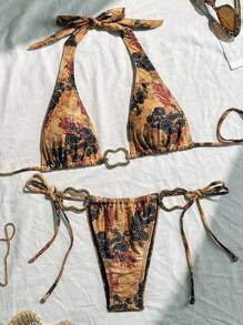 Soleia Vintage bunter bedruckter Metalldekoration Badeanzug Set zum Binden, für Strand und Sommerurlaub - Verschiedenfarbig - Übersicht 1