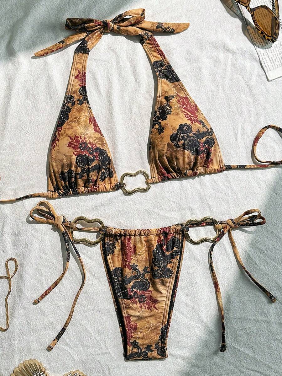 Soleia Vintage bunter bedruckter Metalldekoration Badeanzug Set zum Binden, für Strand und Sommerurlaub - Verschiedenfarbig - Übersicht 1