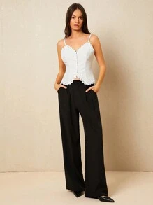 Poéselle Women Solid Color Hollow Out Embroidered Splice Short Camisole - White - View 7
