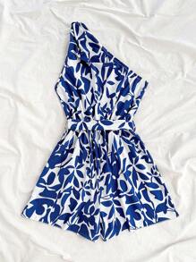 Soleia 女士复古蓝白印花单肩扭腰宽松连体裤，适合派对、约会、夏装、沙滩度假、音乐节 - 藍白色 - 查看 2