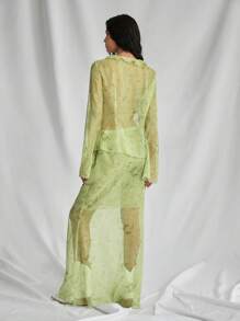 SHEIN Unity 2件套女式波西米亚风格深V领荷叶边透明印花节日度假装 - 綠色 - 查看 2