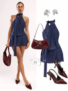 SHEIN BAE Vestido casual sin mangas con estampado de lunares y espalda descubierta para mujer