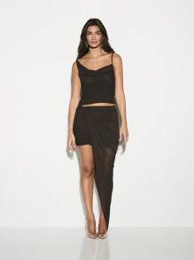 KIZN Draped Mesh Asymmetric Mini Skirt Ruched Bodycon Party Club Evening Wear Night Out Statement Piece Modern Contemporary Fashion - Brown - View 3