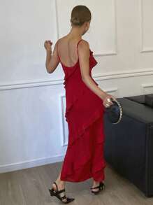 DAZY 安卡拉红色无袖 A 字连衣裙，带不对称荷叶边和高开衩，性感修身女士雪纺中长连衣裙舞会礼服太阳裙婚礼女士连衣裙 - 紅色 - 查看 2