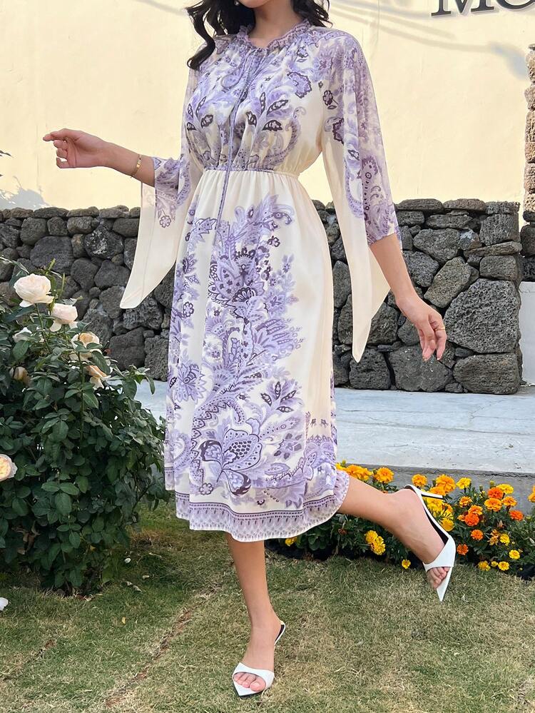 Spring New Valentine's Day Print Waist Cinched Sundress Muse Dress, Bohemian Style Long Dress For Women Dress Boho Vacation Outfits Women