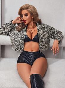 SHEIN SXY Women's Leopard Print Single-Breasted Casual Denim Jacket, Long Sleeve - Multicolor - View 6