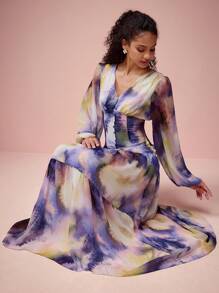 Enchnt 春夏浪漫女士 V 领灯笼袖印花优雅连衣裙，甜美优雅，适合情人节、节日、甜蜜约会之夜、日常、度假和花园派对 - 杏色 - 查看 1