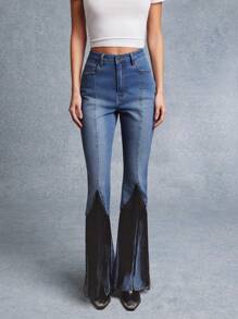 WESTFADE High Rise Seamed Fitted Flare Leg Western Fringe Trim Denim Jeans Nashville Style Outfits - Medium Wash - View 5