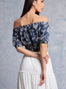 WESTFADE Top corta con hombros al descubierto, mangas abullonadas y ojetes con estampado floral para primavera y verano