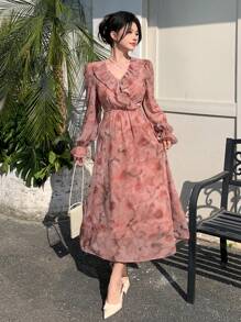 DAZY New Arrival Summer Sundress Women Elegant Allover Print Waisted Dress, Ruffle Floral Dress - Pink - View 5
