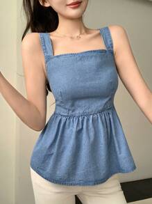 DAZY 新款春季女式蝴蝶结牛仔衬衫，返校服 - 藍色 - 查看 2