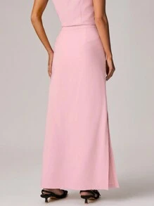 Forever 21 女士纯色口袋设计长款休闲百搭半身裙 - 粉色 - 查看 2