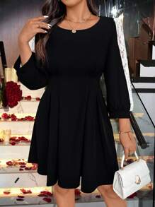 SHEIN Clasi Gaun Pendek Wanita Warna Polos Leher Bulat Lengan Mengembang, Gaun Pesta Musim Semi/Panas - Hitam - View 5