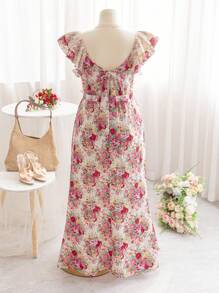 Soleia Vestido largo con estampado floral, mangas cortas de encaje y cintura ceñida, estilo romántico vintage, para mujer talla grande, primavera